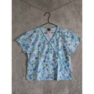 Cherokee Studio Women S Mock Wrap Scrub Top Blue Floral Hearts Butterfly